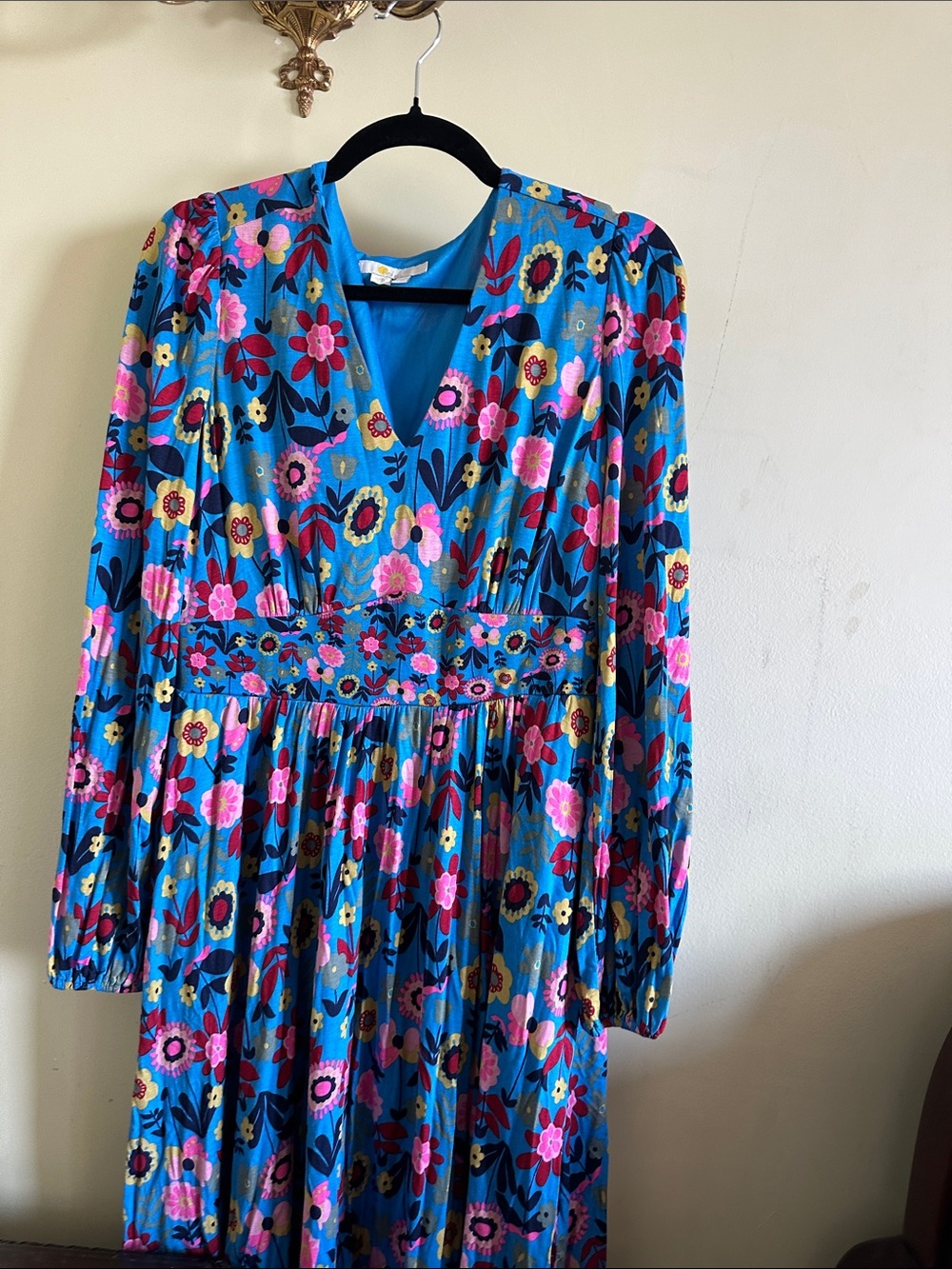 Boden Blue Floral Midi Dress with Pink & Yellow Accents